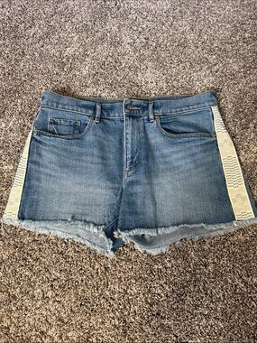 LOFT Blue Denim Shorts with Cream/Navy Side Panels.